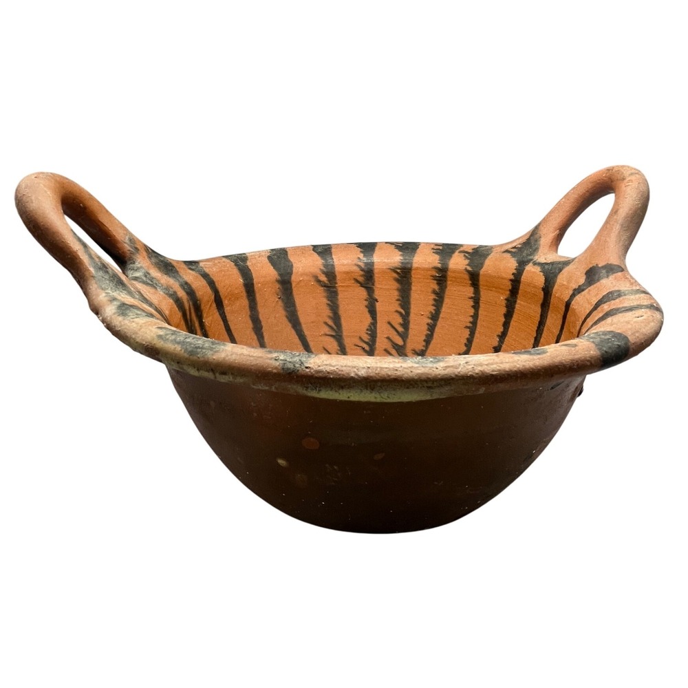 Puebla Ware Pottery Bowl‎ w/ Black Linear Design Vtg Handmade Pottery Terracotta